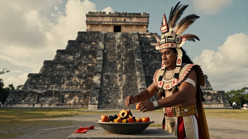 Noble Tolteca ante pirámide con ofrenda ritual