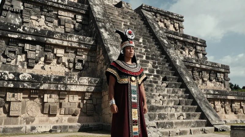 Guerrero tolteca ante antigua estructura de piedra