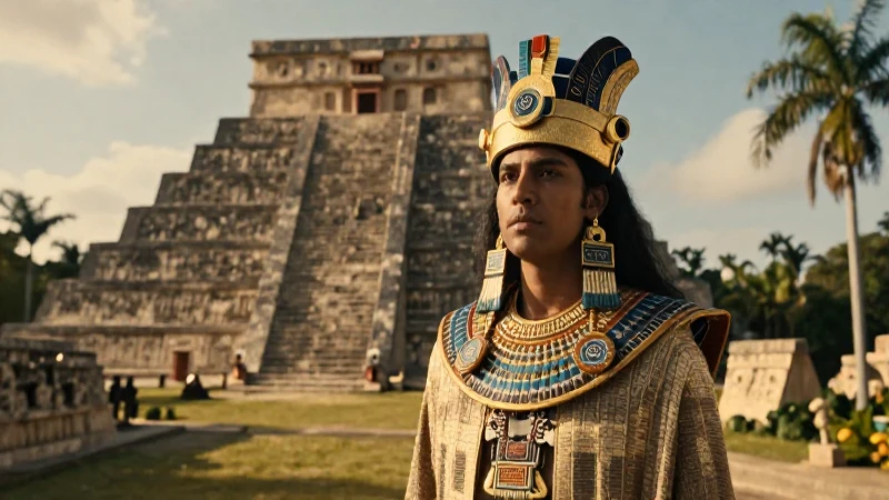 Noble azteca en majestuosa pirámide bajo luz dorada