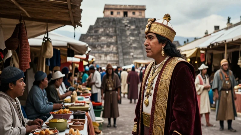 Noble azteca en vibrante mercado histórico