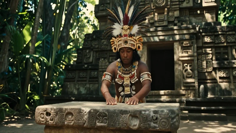 Sacerdote mesoamericano en ritual con altar sagrado