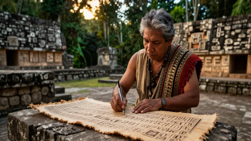 Scholar writes glyph on codex in jungle temple