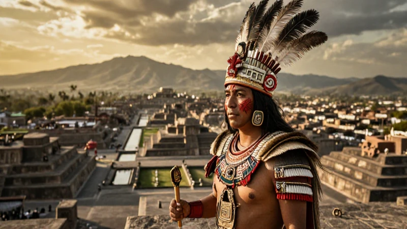 Guerrero mexica en Tenochtitlan bajo luz dorada