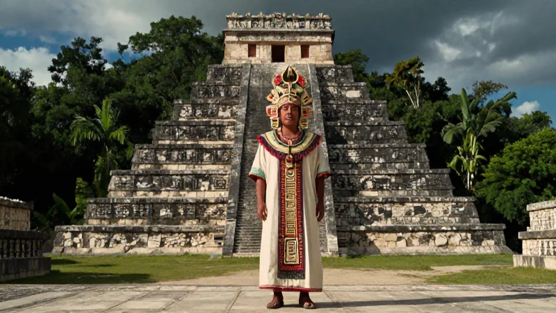 Noble líder mesoamericano en pirámide monumental