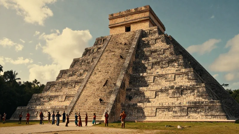Pirámide mesoamericana con gente indígena