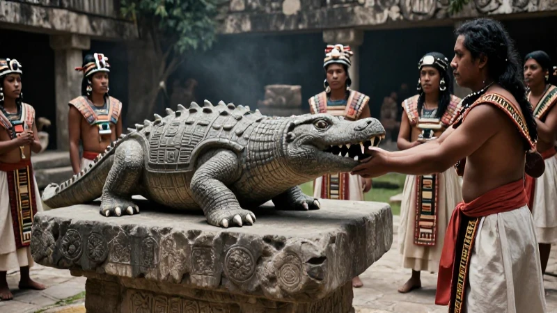 Cocodrilo en altar con sacerdotes aztecas