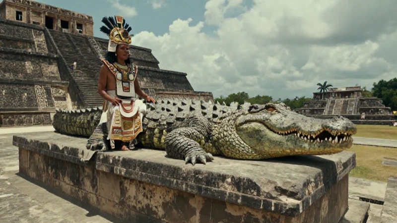 Crocodilo y sacerdote en ruinas aztecas de Tenochtitlan