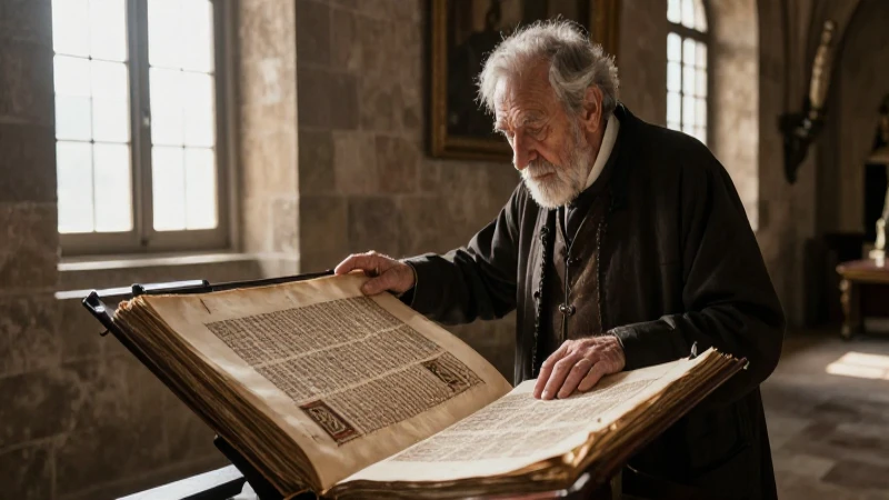 Viejo archivero examina codex real antiguo