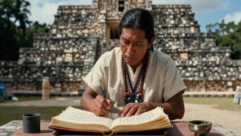 Scribe mixteca escribe códice en ruinas