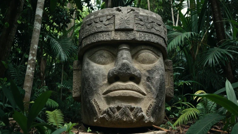 Codices Olmecas: Un viaje al corazón del Antiguo México 6 Cabeza olmeca de basalto en selva con estilo documental