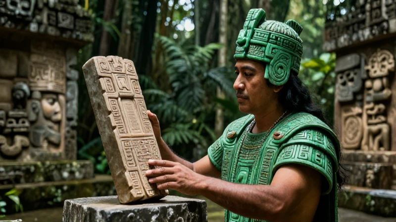 Codices Olmecas: Un viaje al corazón del Antiguo México 3 Noble olmeca examina codex en ruinas