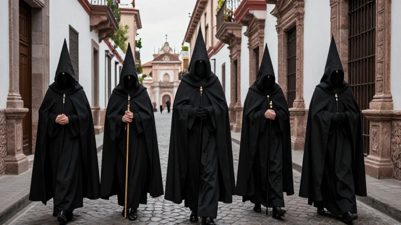 Solemn penitentes en calle histórica con luz dramática