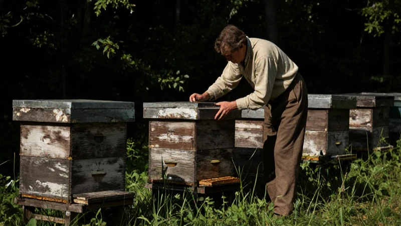 Naturalista examina colmenas en ambiente histórico