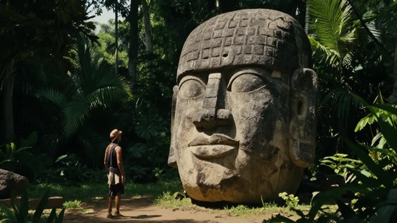 Gigante cabeza de basalto en selva mítica