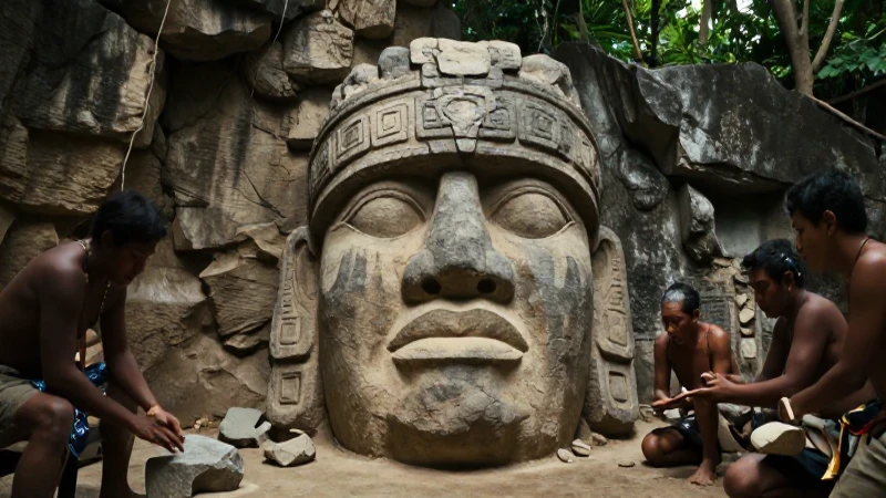 Cabeza Olmec colosal emerge de la cantera