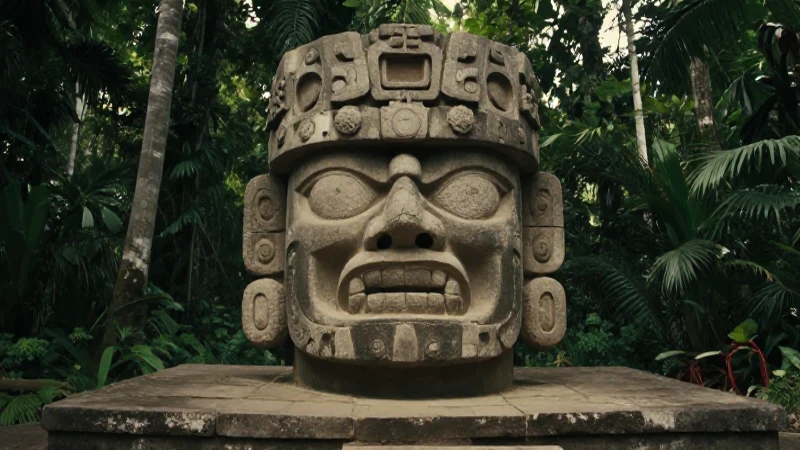 Cabeza colosal Olmec en selva con iluminación dramática