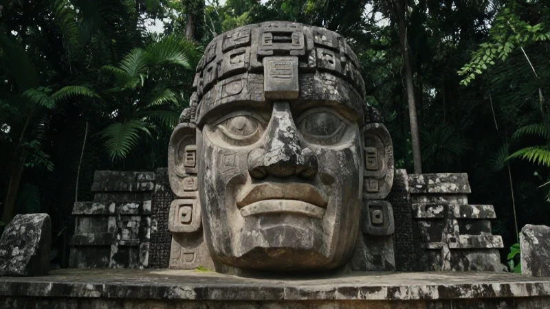 Cabeza de basalto antigua en la selva con luz dramática