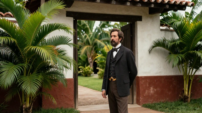 Hombre elegante ante hacienda, estilo documental histórico