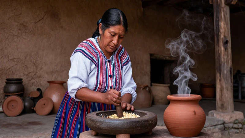 Comida oaxaqueña: Descubre la riqueza de la cocina oaxaqueña 189 Mujer oaxaqueña moliendo en adobe con luz dramática