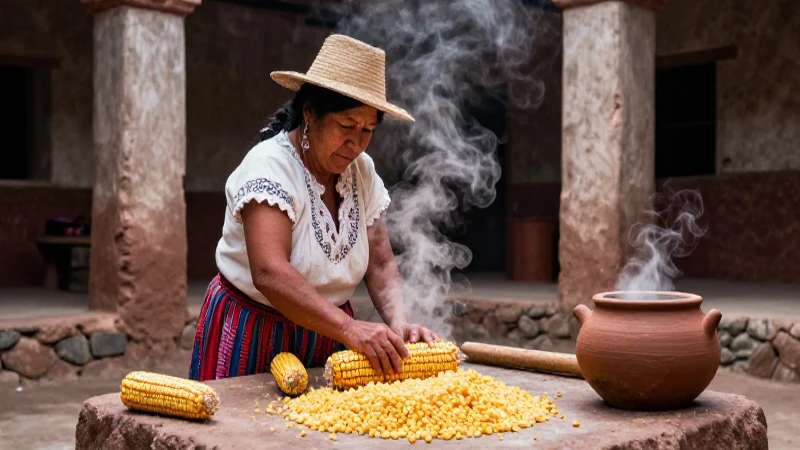 Comida oaxaqueña: Descubre la riqueza de la cocina oaxaqueña 188 Mujer zapoteca muele maíz en patio oaxaqueño