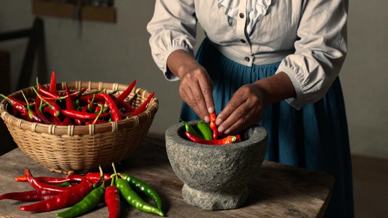 Mujer colonial pica chiles en mortero