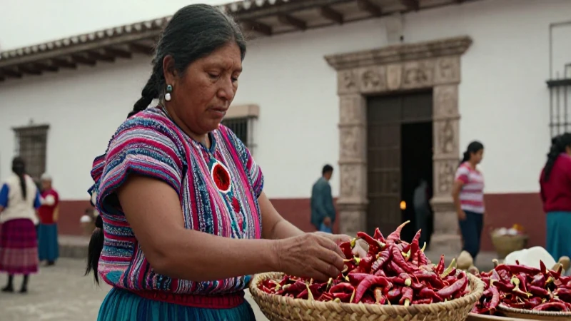 Mujer en mercado organiza chiles picantes con tradición
