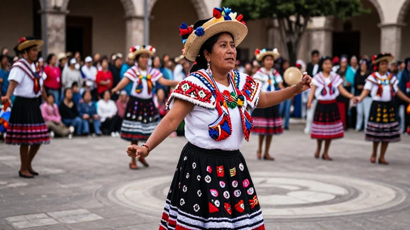 Danza zapoteca vibrante en plaza histórica