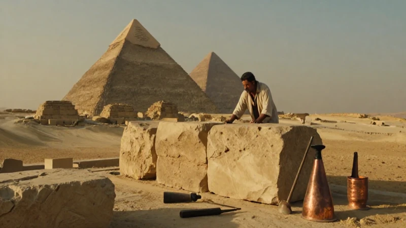 Arquitectos egipcios construyen pirámides en el desierto