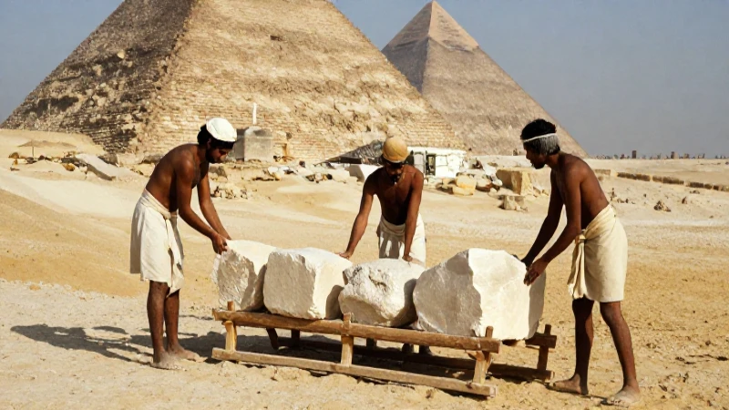 Trabajadores egipcios movían bloques en Giza