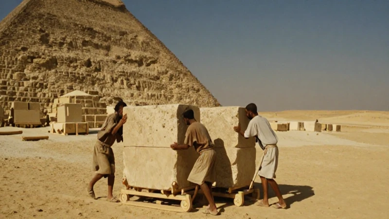 Trabajadores egipcios construyen pirámide en el desierto