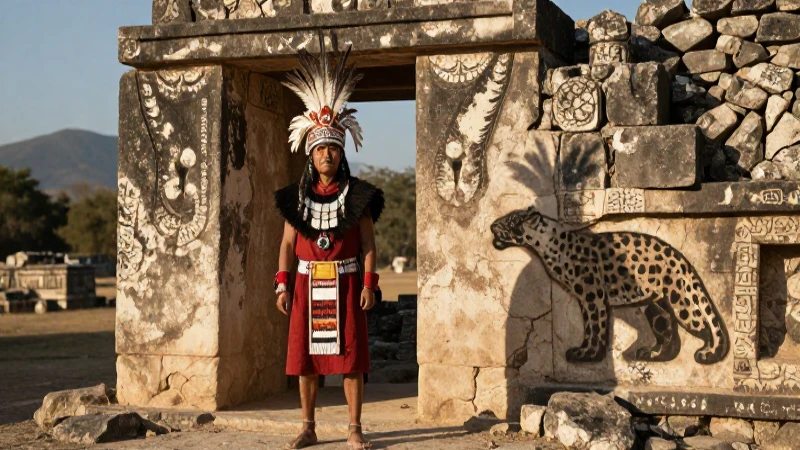 Guerrero Tolteca entre ruinas con sombra de jaguar
