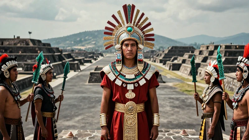 Cuauhtémoc y guerreros aztecas en Tenochtitlan