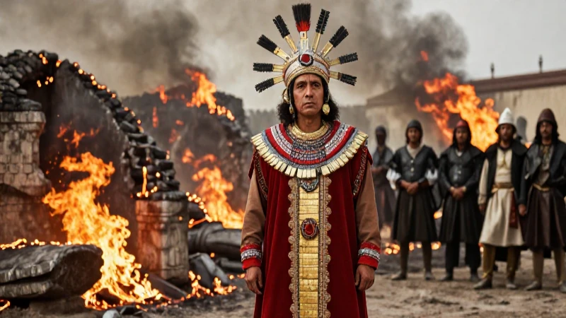 Cuál es la biografía y muerte trágica del emperador Cuauhtémoc 51 Cuauhtémoc frente a las ruinas de Tenochtitlan
