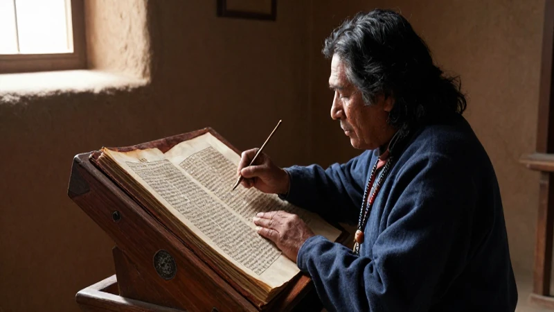 Estudiante indígena pinta manuscrito colonial