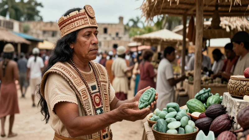 Comerciante maya vende jade en mercado