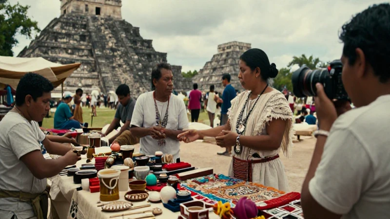 Comerciantes mayas intercambian bienes frente a pirámides antiguas