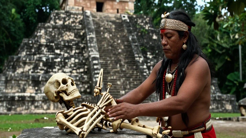 Sacerdote maya ritual con restos óseos en pirámide