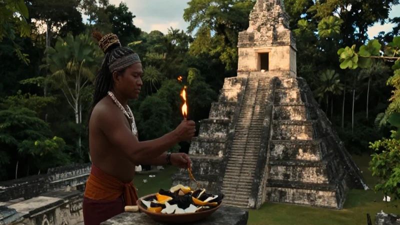 Sacerdote Maya en Tikal con luz dorada