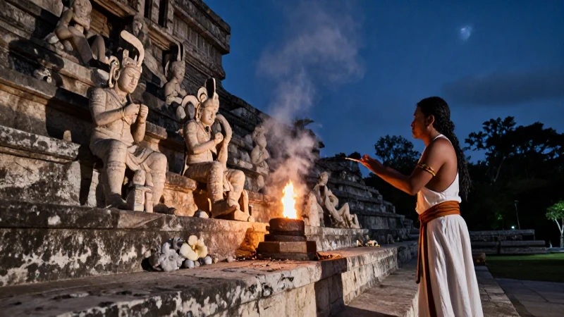 Sacerdote maya realiza ritual nocturno en templos