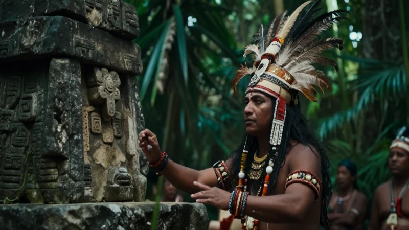 Sacerdote maya realiza ritual ante altar antiguo