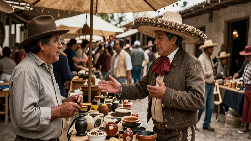 Comerciante mexicano negocia en mercado colonial antiguo