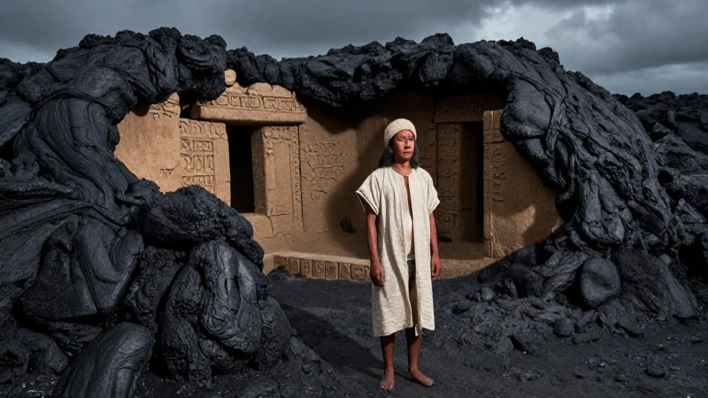 Villano mesoamericano en aldea antigua y lava