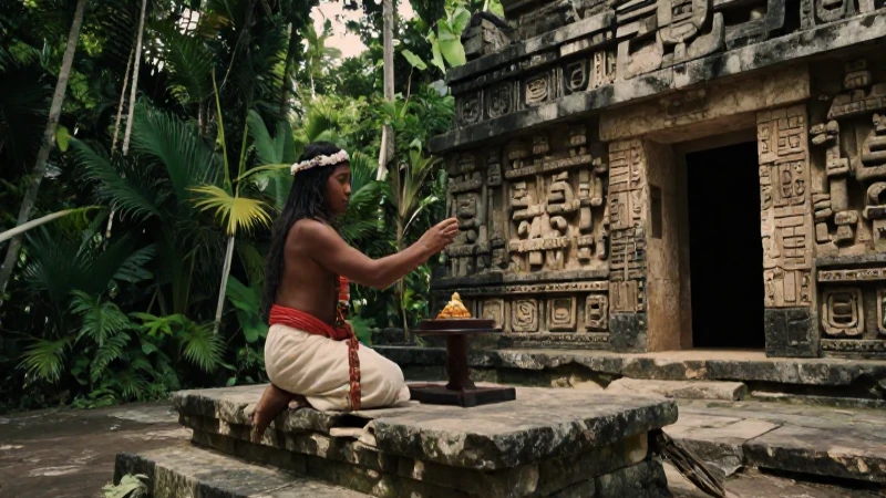 Cosmogonías: La cosmogonía maya y su significado eterno 7 Sacerdotisa maya realiza ritual en templo antiguo