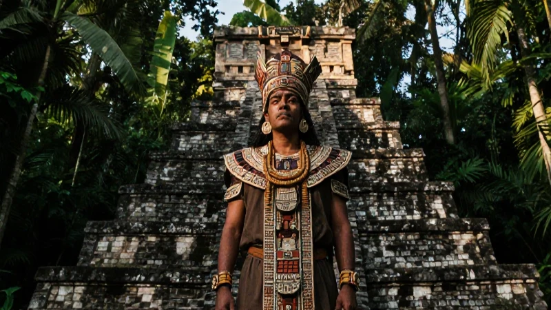 Cosmogonías: La cosmogonía maya y su significado eterno 5 Sacerdote maya en pirámide bajo el sol tropical