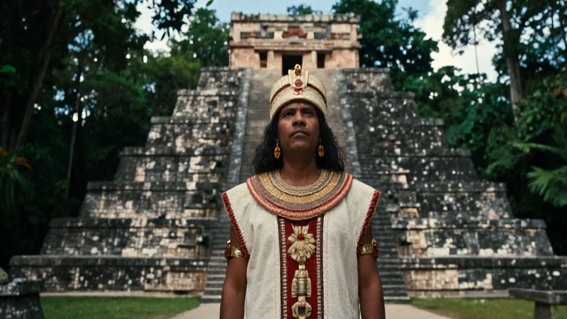 Cosmogonías: La cosmogonía maya y su significado eterno 2 Sacerdote maya frente a pirámide en la jungla
