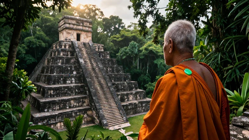 Cosmogonías: La cosmogonía maya y su significado eterno 8 Sacerdote maya mira la antigua pirámide en la selva