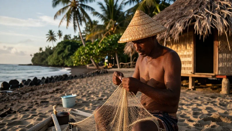 Costa Sur: Descubre la Belleza y Cultura de Este Paraíso 6 Fisher mend nets near colonial hut at golden hour
