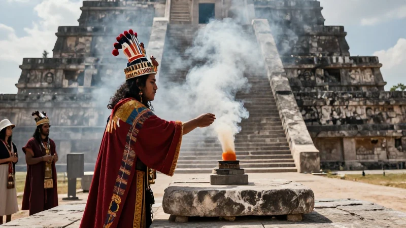 Cuáles son las creencias y costumbres de la religión Mexica 206 Sacerdote Mexica realiza ritual ante templo azteca