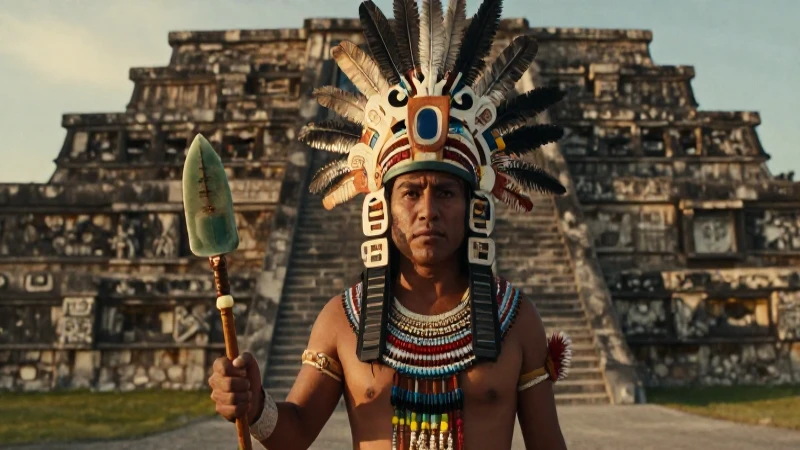 Guerrero azteca con tocado, armas y Templo Mayor