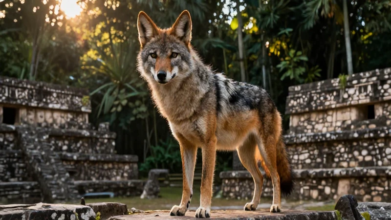 Coyote mítico rugoso en ruinas mesoamericanas al atardecer